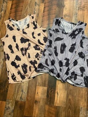 Women's Cow-Print Cold-Shoulder Tank Top - Black on Tan & Black on Gray